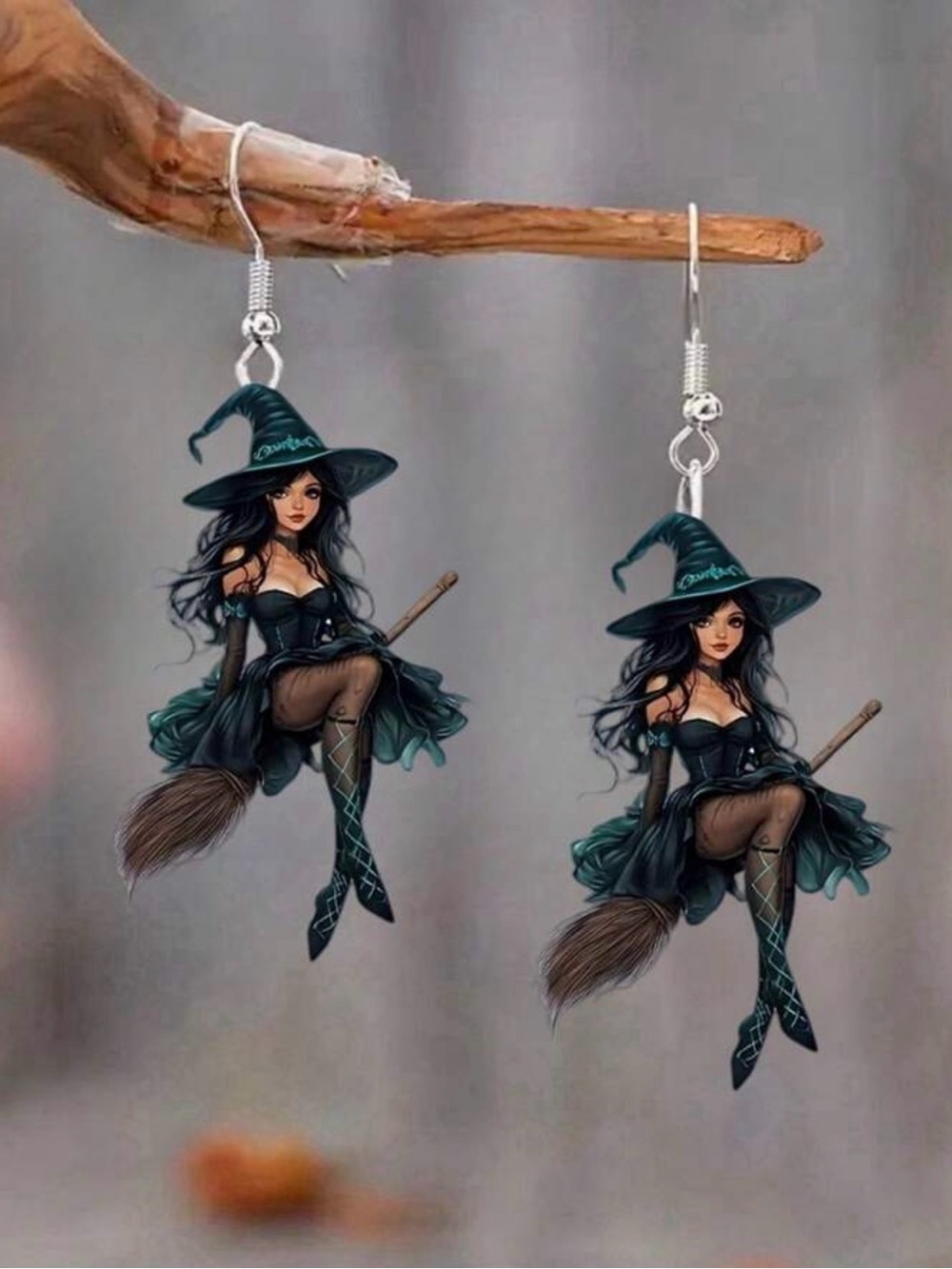 Whimsical Witch Dangle Earrings in Teal and Black